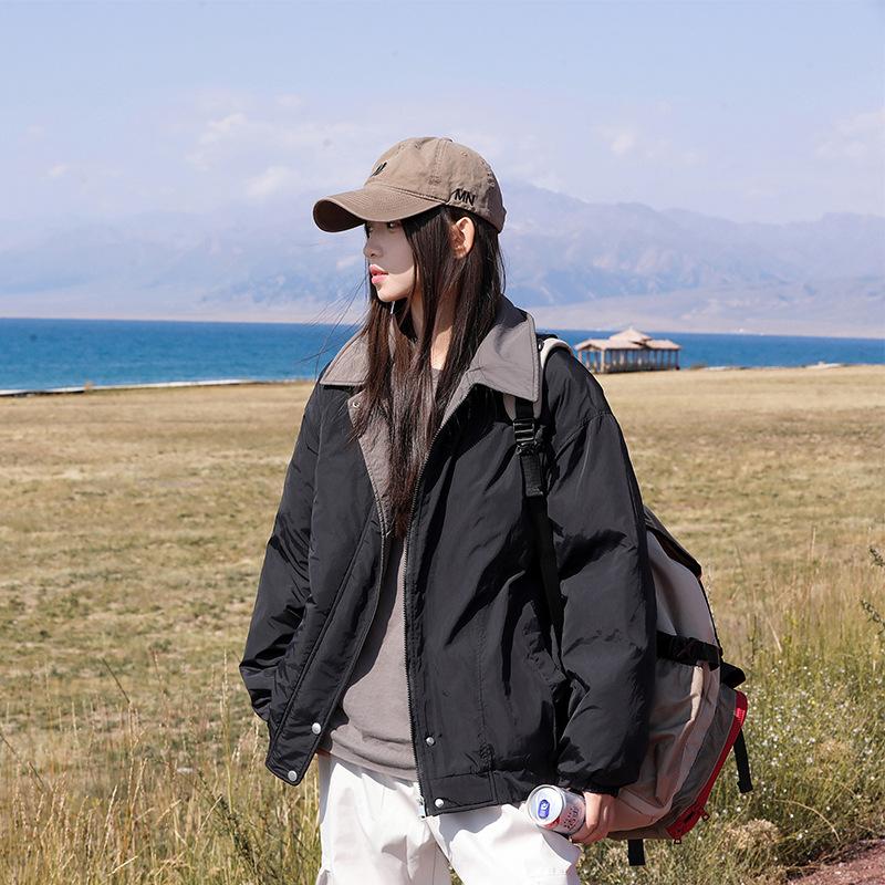 

Американская бейсбольная куртка с лацканами на осень и зиму, женская, новый дизайн 2025, корейская повседневная парная куртка, утепленная одежда S чёрный