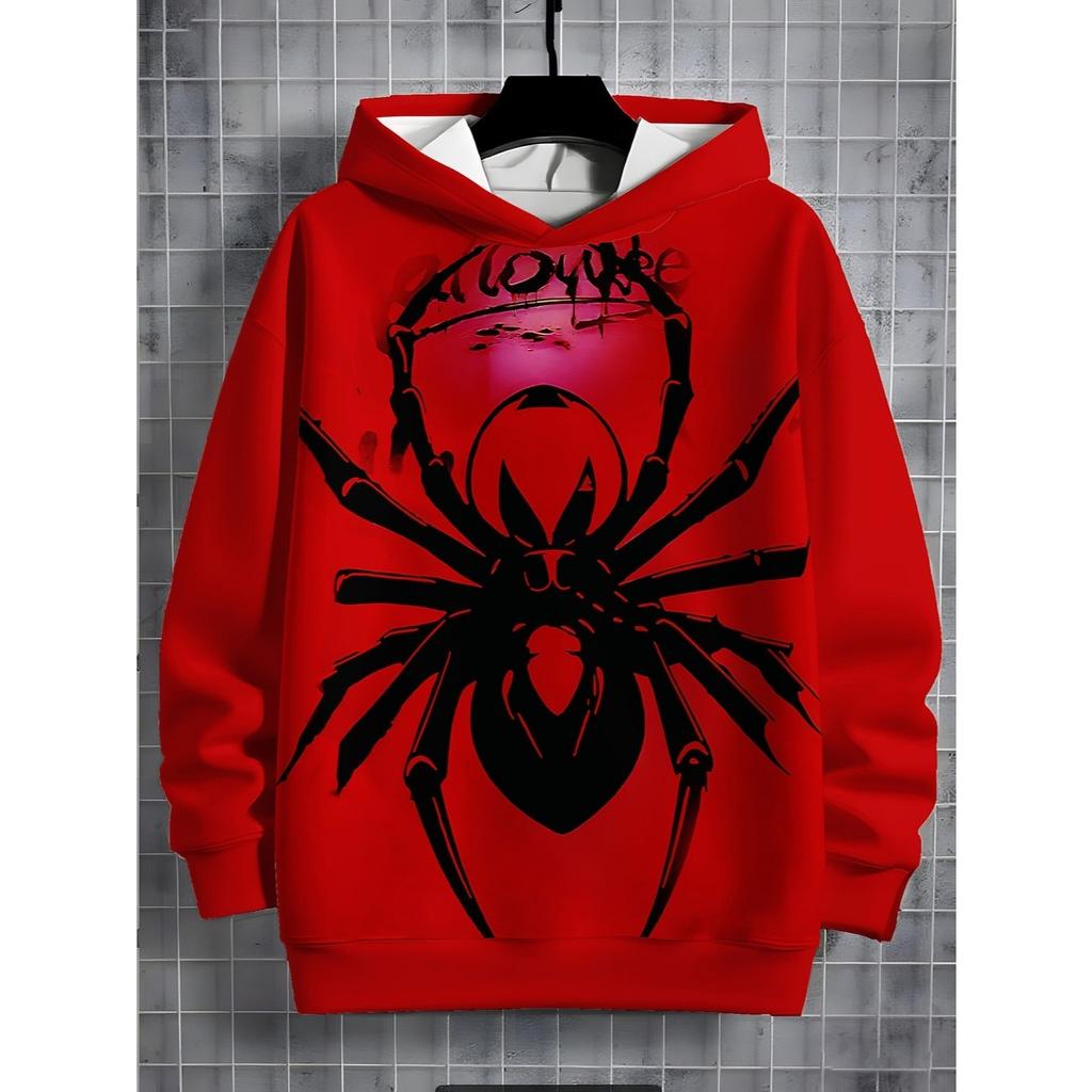 Boys' Red Hoodie - Black Spider Pattern and Graffiti Design, Spring and Autumn Casual Long Sleeve Hoodie