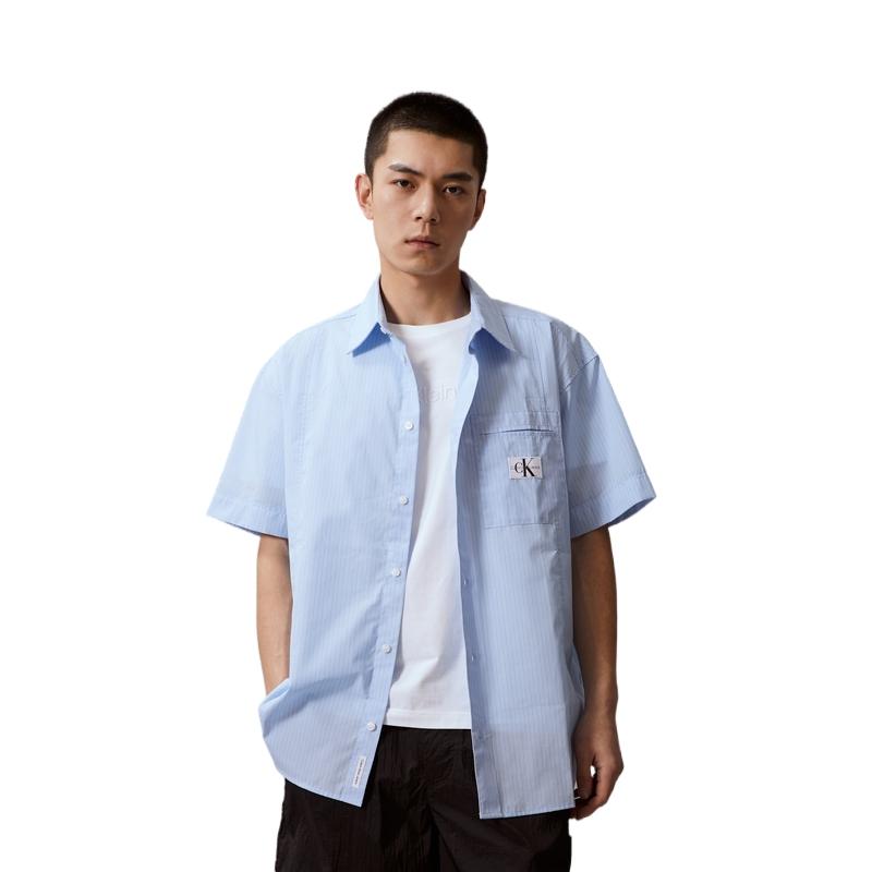 Calvin Klein Retro Letter Label Patch Pocket Striped Loose Short Sleeve Shirt Men shirts Blue J325769