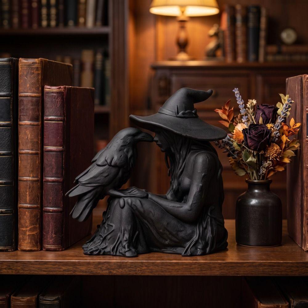 Desk Ornaments Witch Sculpture Gothic Style Halloween Decoration Bird and Girl Sculpture Office