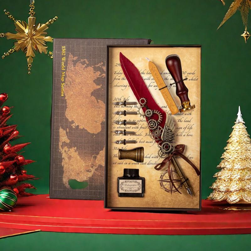 Vintage Map Feather Dip Pen Set Brass Base Wax Seal Stamp Gift Box Holiday Birthday