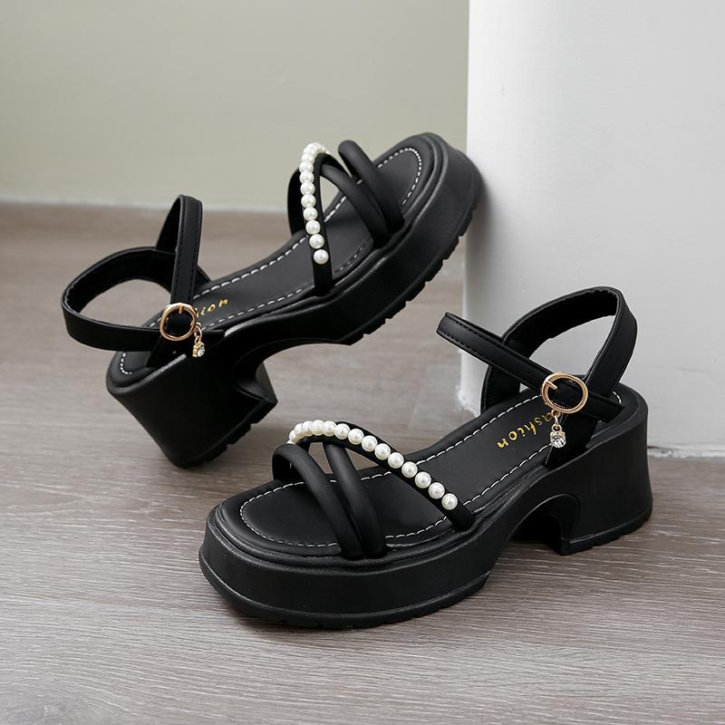 One-word Sandals Women's 2025 New Summer Versatile Skirt Pearl Platform Beach Shoes Women