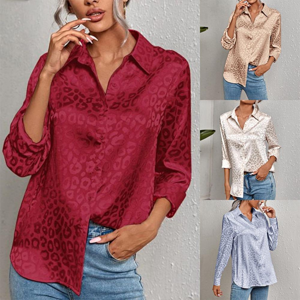 Women's Lapel Long Sleeve Shirt Loose Leopard Jacquard Satin Blouse For Spring Summer