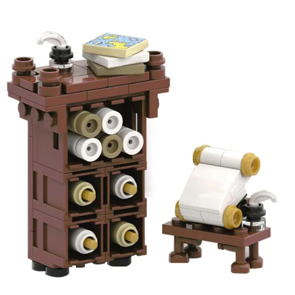 MOC Medieval Napoleonic Furniture Sheepskin Paper Cabinet Building Blocks Ink Map Compass Printed Tiles Bricks Toys Boys Gift