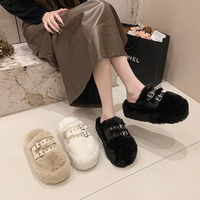 Baotou Thick-soled Fluffy Slippers Women's Autumn and Winter 2025 New Fashion Outer Wear Belt Buckle Fleece Thermal Cotton Slippers