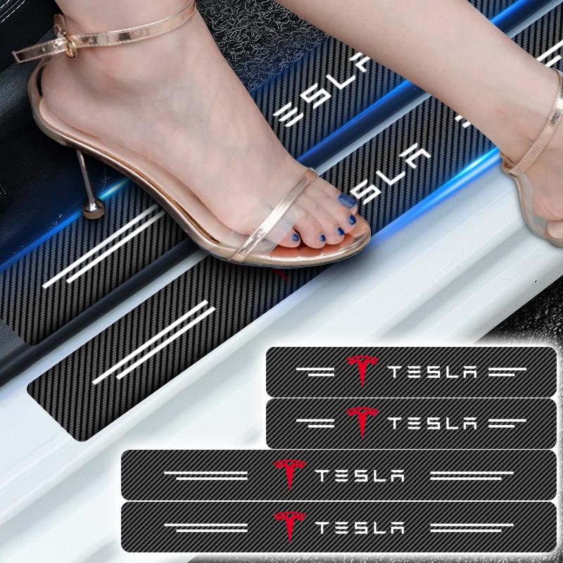 4Pcs Carbon Fiber Car Doorsill Stickers Protect Film Auto Styling For Tesla Model 3 S X Y Style Roadster Invader Coil Mod WYE K80