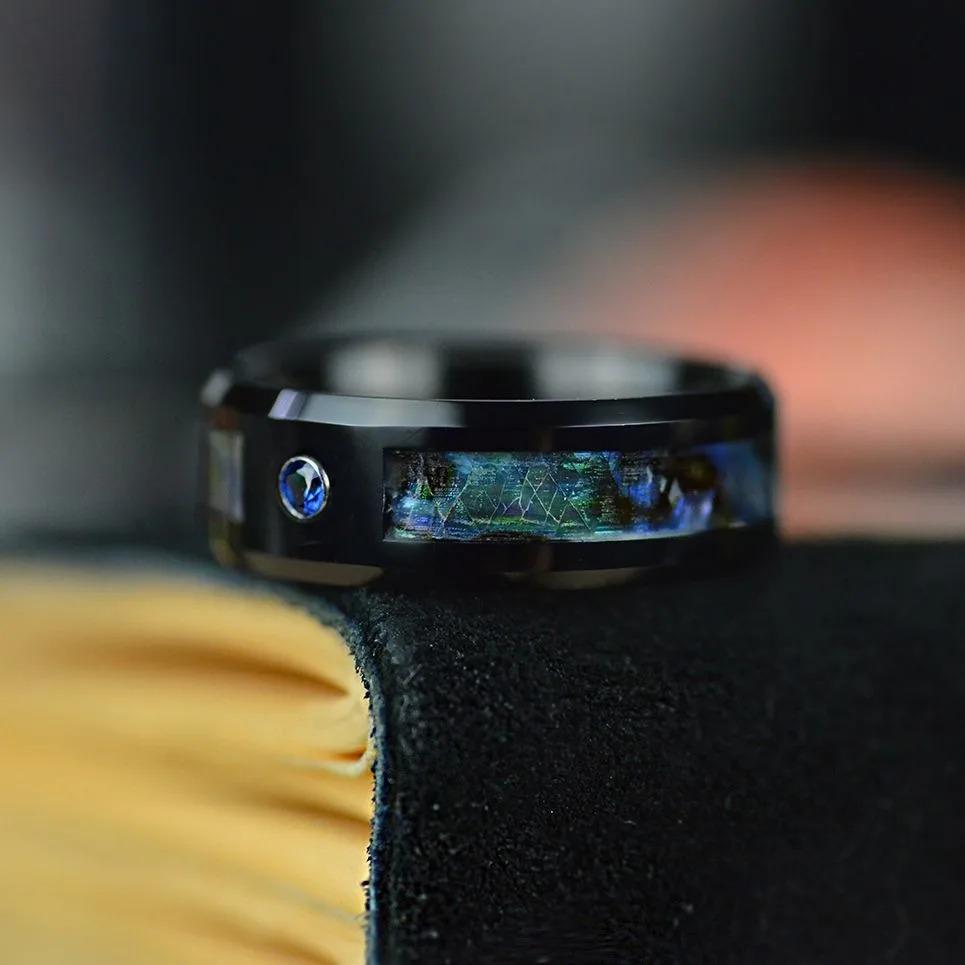 Fashion 8MM Men Black Stainless Steel Abalone Shell Rings Inlay Blue Cubic Zirconia Rings For Men Wedding Band Jewelry Wholesale