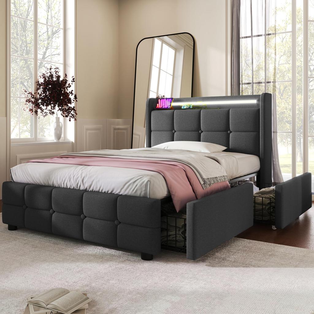 Polsterbett 90x200 cm LED-Beleuchtung, USB-Lade, Einzelbett Bettgestell, Lattenrost, Stauraum, 2 Schubladen, Leinen, Beige