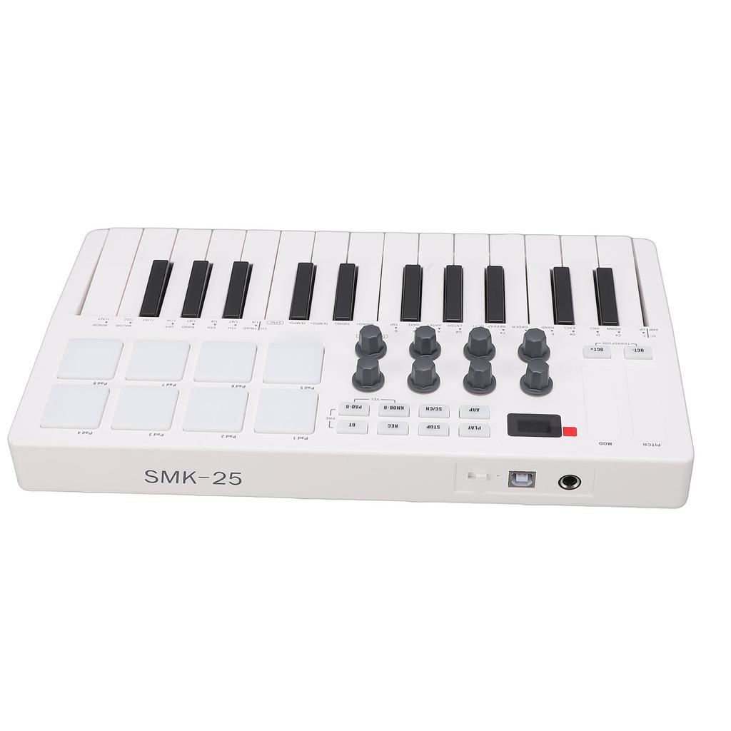 25 Key MIDI Keyboard Controller   with 8 Backlit   Pads 8 Knobs Portable for Computer Recording Music Production White