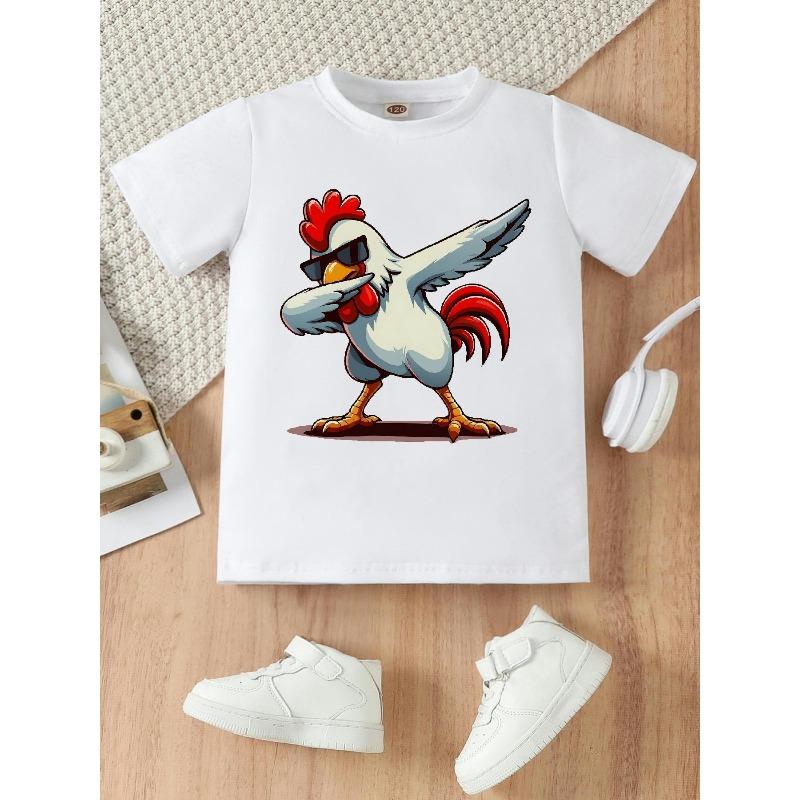 European sizes This Fun and Stylish Short-sleeved Crew Neck T-shirt for Girls Features a Rooster Print with Fashion Glasses, Perfect for Summer Wear