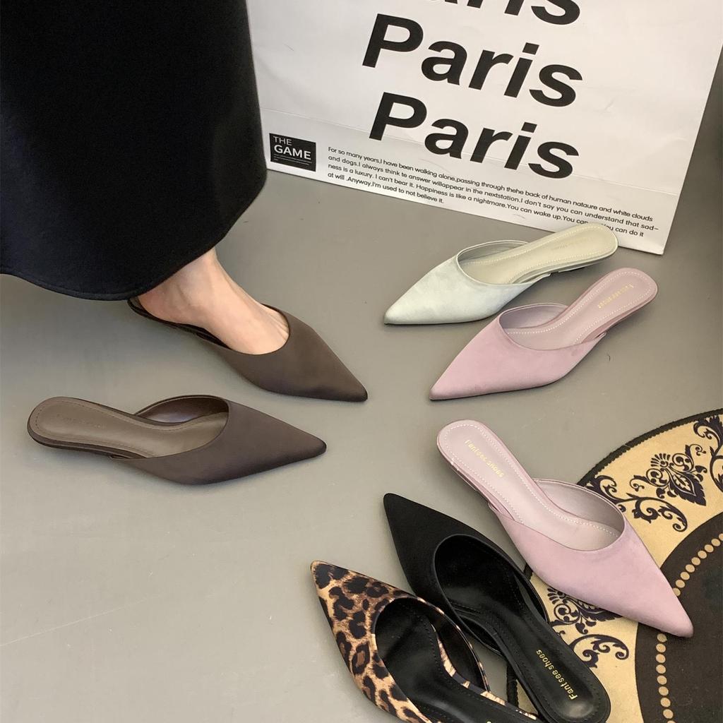 French pointed head, thin low heel, baotou, half-drag woman, spring 2025 new niche design, shallow mouth, one-pedal slippers