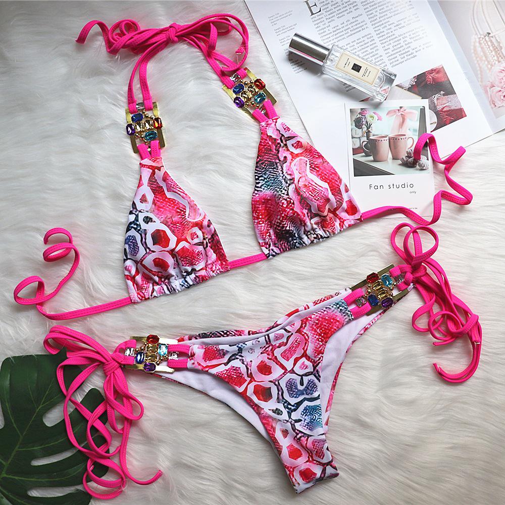 2021 European & American Snake Print Strappy Crystal Diamond Low-Waist Bikini
