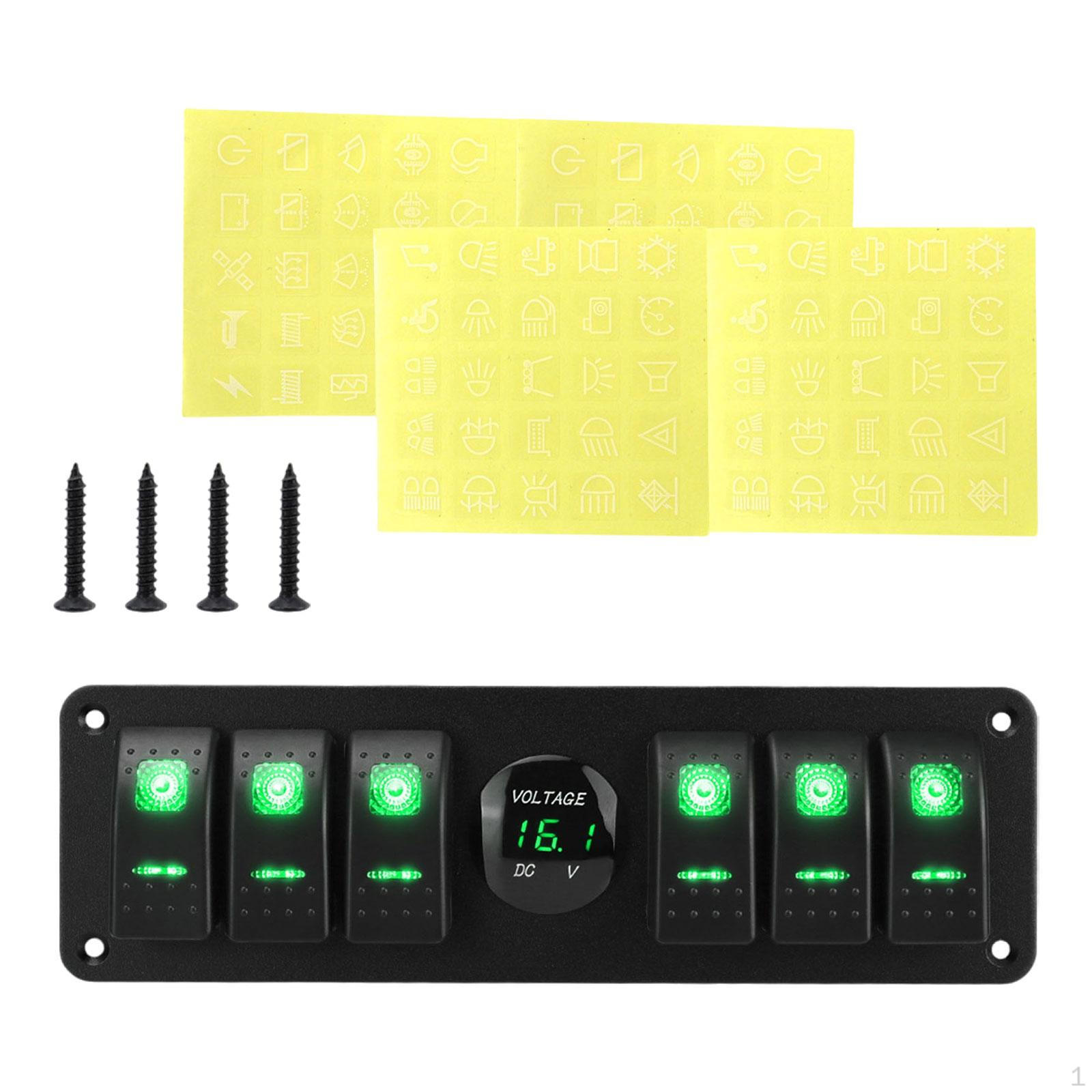 

6 Gang Rocker Switch Panel Toggle Easy to Install Versatile Waterproof Voltmeter зелений