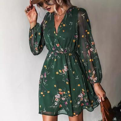 Popular Hot-selling Dress V-neck Elegant Chiffon Printing Floral Spring Perspective Skirt V-neck