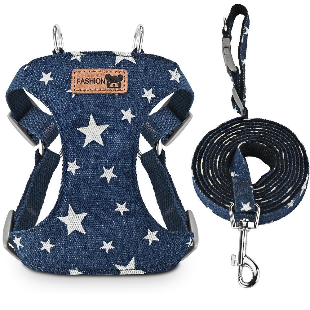 Adjustable Dog Harness Lead Leash Set Denim Mesh Breathable Pet Vest Harness Vest Style Escape Proof Dog Chest Harness Dog S звезда