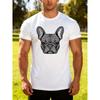 European Sizes Muscular Man Black T-shirt with French Bulldog Face | White Line Art Illustration On Chest, European American Fashion Trend