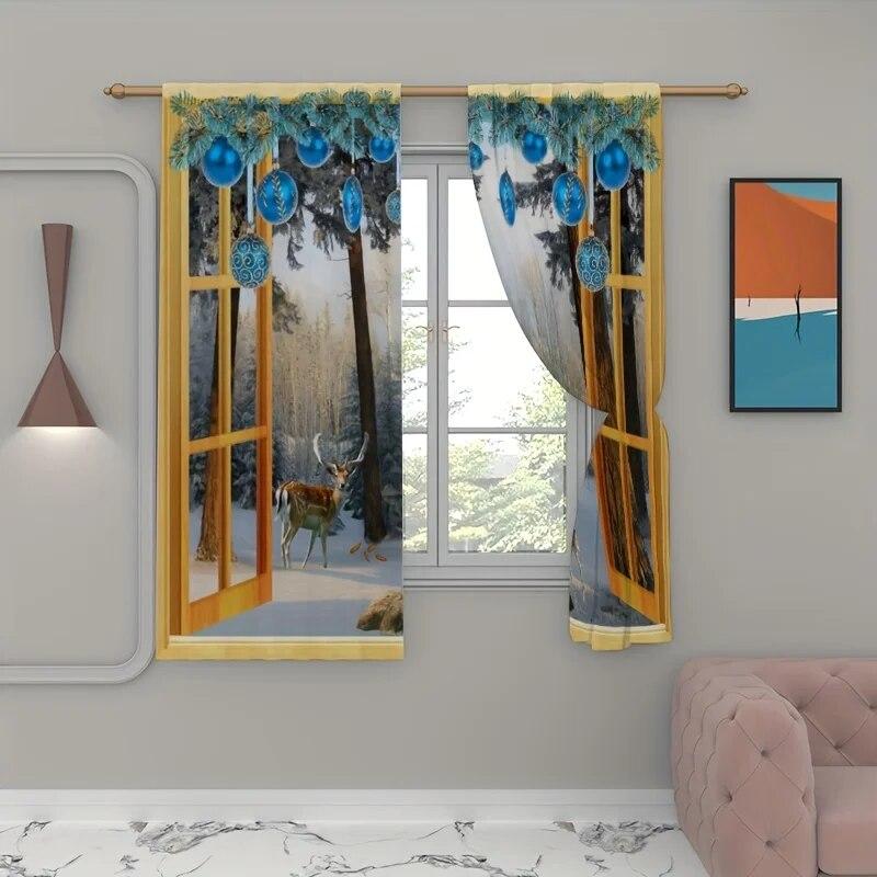 2ks Vánoční Snow Deer Tree Záclonová tyč Kapsa Ošetření oken Pro ložnici Kancelář Kuchyň Obývací pokoj Studovna Opalovací krém Home De