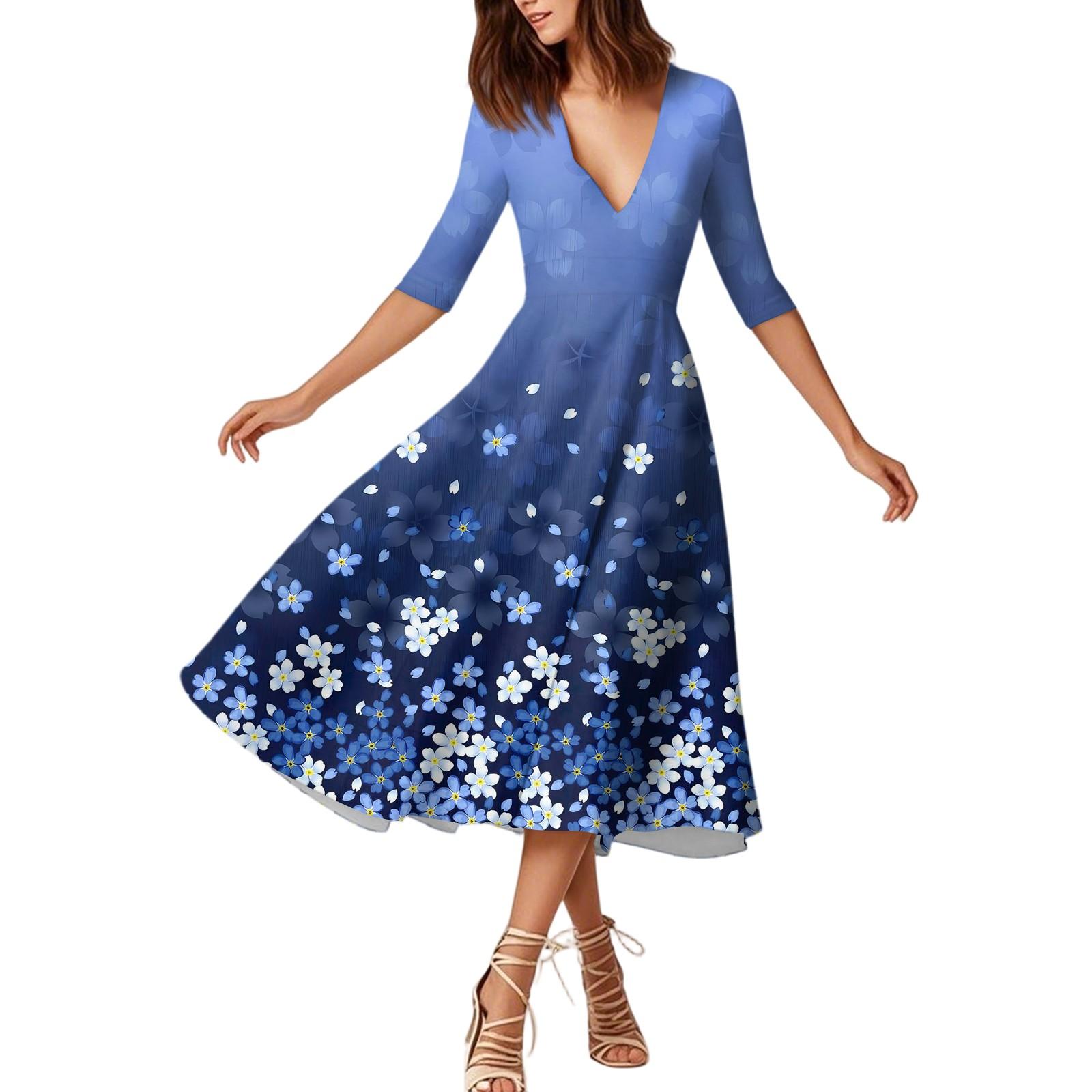 A Fashionable Mid-Sleeved Mid-Length Dress With Floral Prints And A Sexy V-Neck XXL тёмно-синий