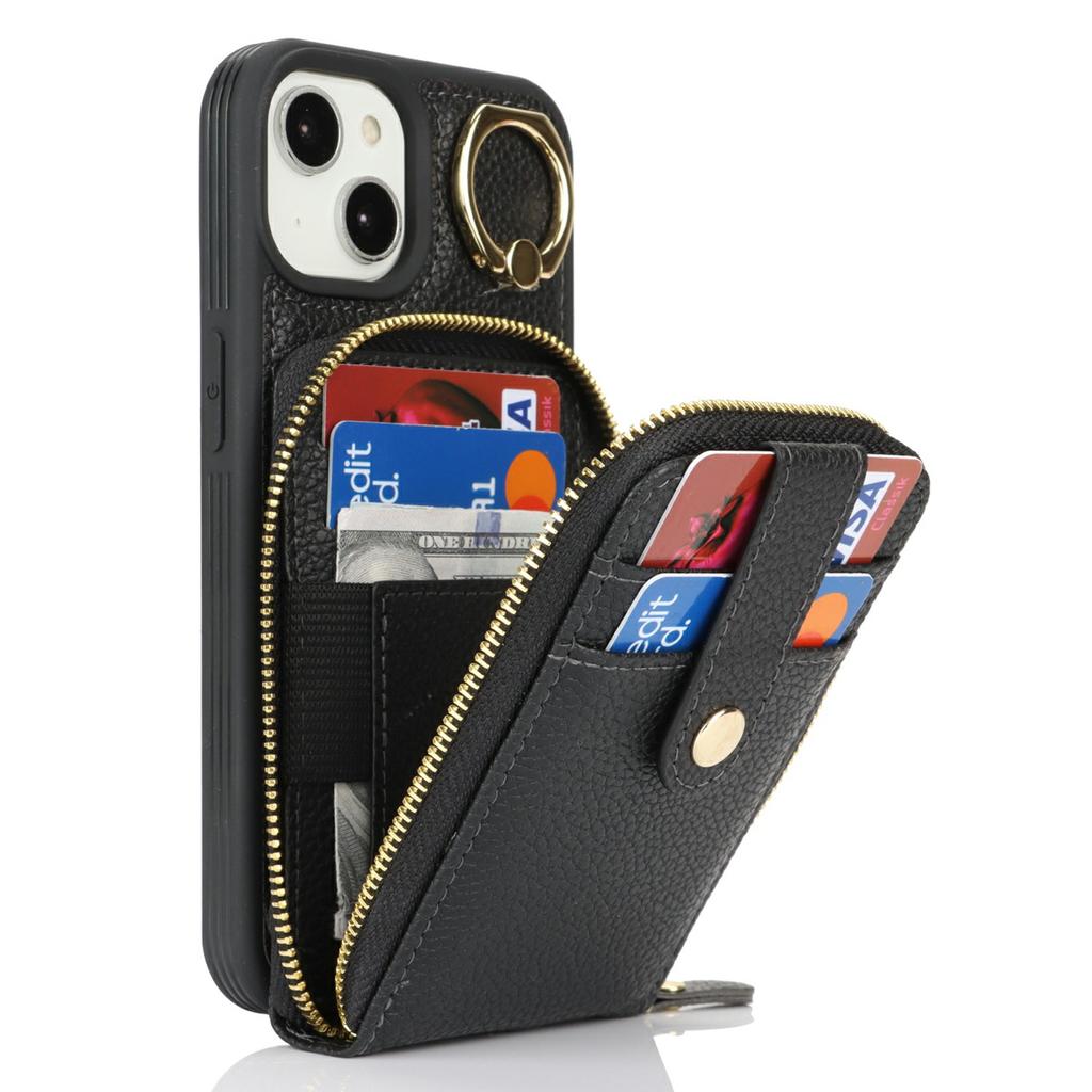For iPhone 14/13 Case with Zipper Pouch/Ring Kickstand/Strap Litchi Texture PU+TPU Phone Cover