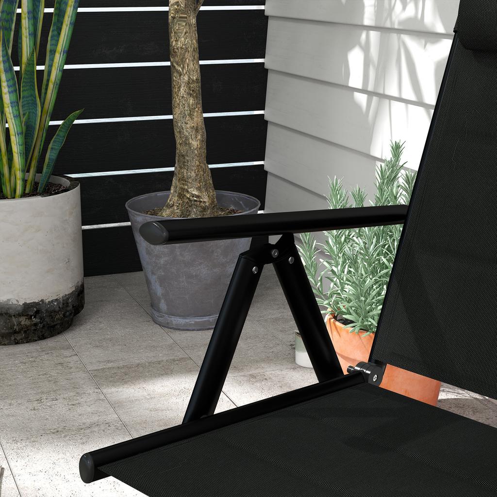 Set 2 Folding Chairs With Reclining Backrest And Headrest In Aluminum And Polyester 54x67x108 Cm Black
