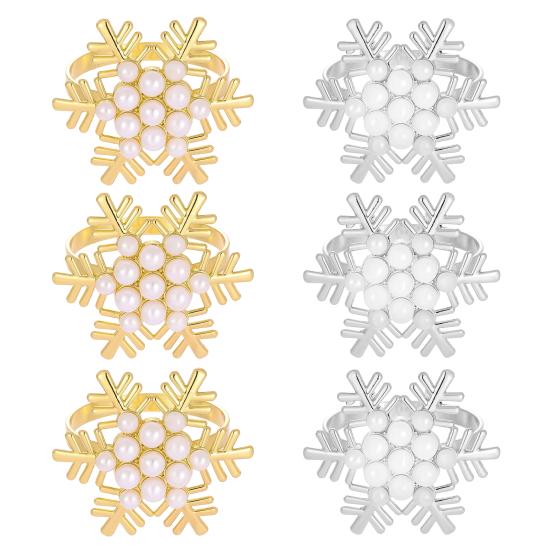 1/2/6Pcs Golden Metal Napkin Ring Faux Pearl Decor Snowflake Design Winter-themed Napkin Holders Weddings Parties Table Decor
