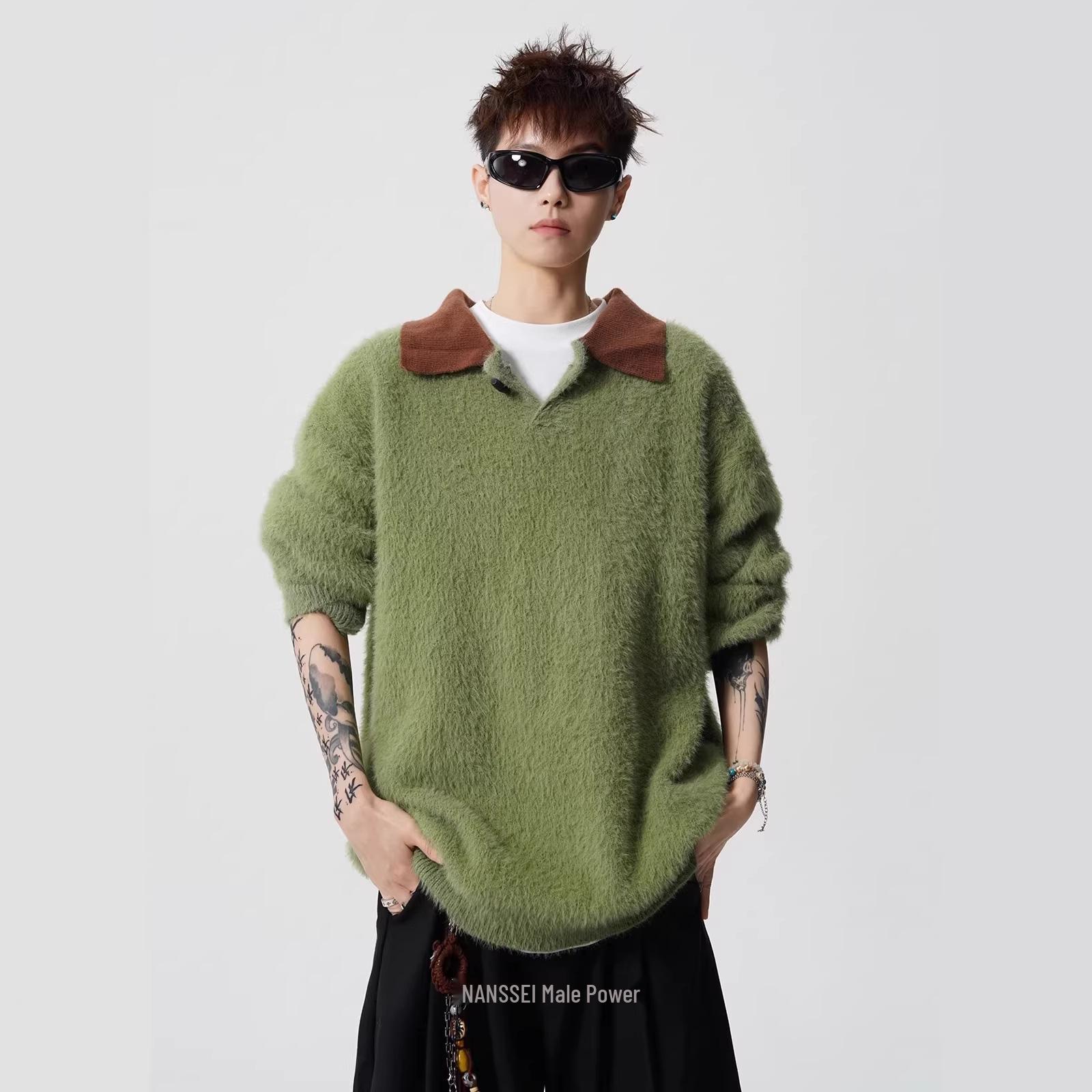 Men s Trendy Retro Green Color-Block Fluffy Lapel Sweater M
