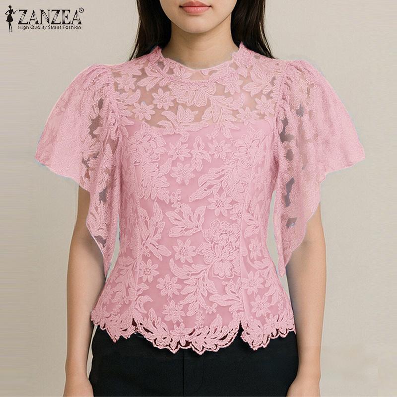 ZANZEA Women Casual Round Neck Ruffles Sleeve Summer Lace Blouse