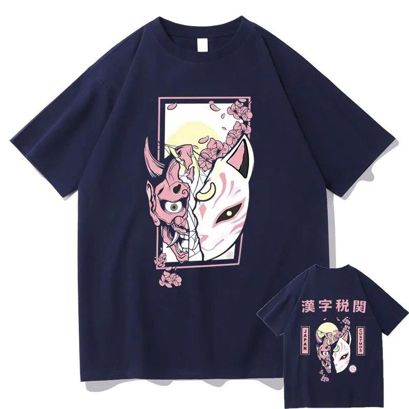 Hannya Mask T Shirts Futuristic Kitsune Mask Graphic T-shirt Japanese Anime Tees Kitsune Streetwear Fox Tshirt Unisex Manga Tops