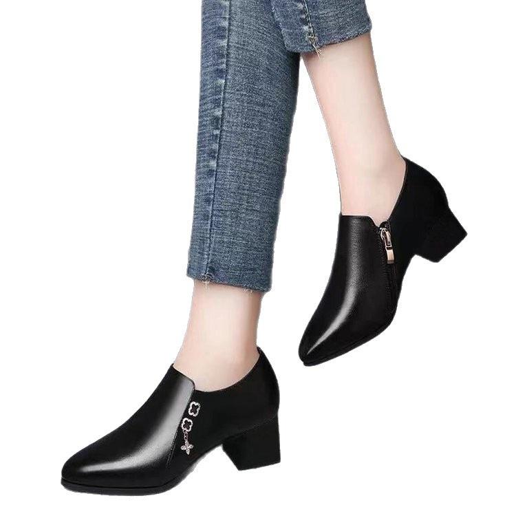 Deep single shoes thick heel spring and autumn new shoes comfortable medium heel small leather shoes