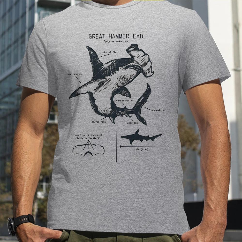 Hammerhead Anatomy Shark Lover Printed T-shirt Summer Men Street Hip Hop Punk Style Loose Casual 100% Cotton Fashion T-shirt
