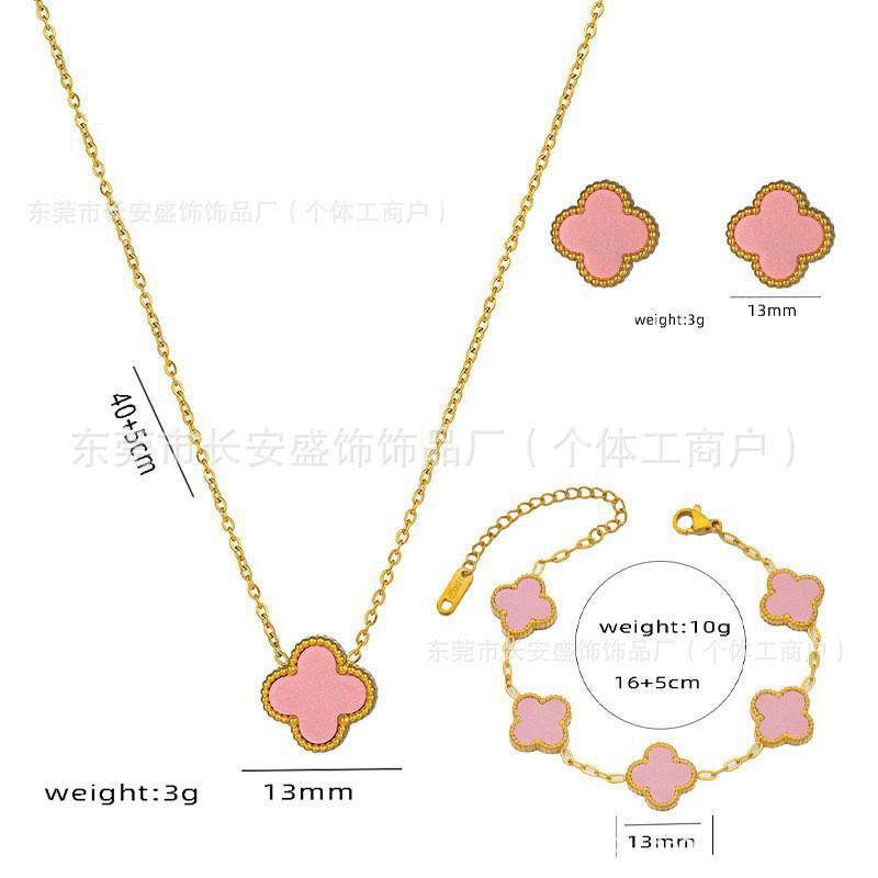 13mm Clover Pendant Necklace Earring Bracelet Set Women 18K Gold Plated Titanium Steel Jewelry Fashion OL Style