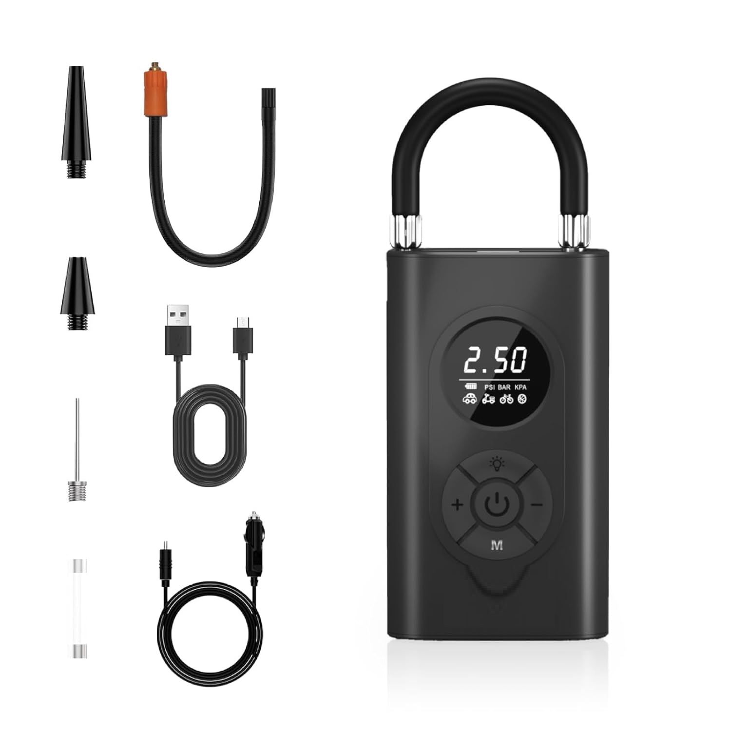 

Умный насос для шин | 150 PSI | Аккумулятор и 12V автомобильный порт | 4000 мАч | Порт Type C | Цифровой дисплей | 5 режимов накачивания | Несколько насадок | Светодиодная подсветка