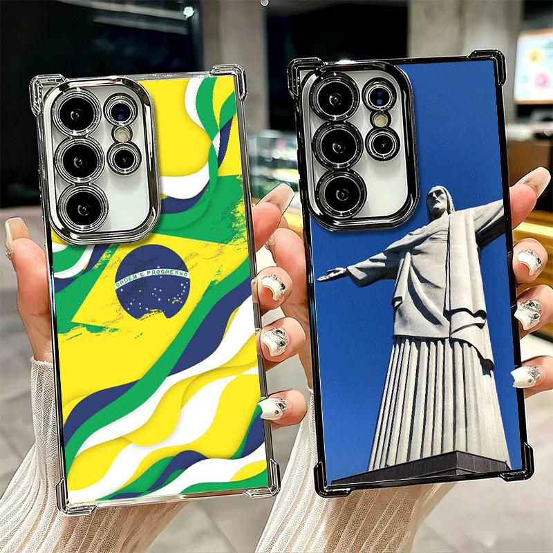 Brazil Brazilian Flag Plating Phone Case For Samsung Galaxy S24 S25 FE S26 Edge S23 Ultra S22 S21 Plus S20 Anti-Fall Airabag Cov
