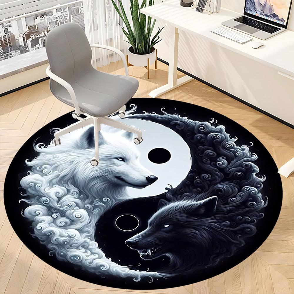 1pc Wolf YinYang Office Round Area Rug, Under Office Chairs Bedroom Living Room Home Decor, Room Deco, Available In Various Sizes