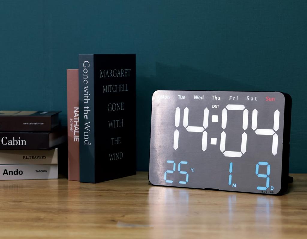 SLOWER Wall Clock Digital LED Stylish Large Letters Interior Decoration Table Clock with Remote Control Date Temperature Day of the Week ALUMINUM 275