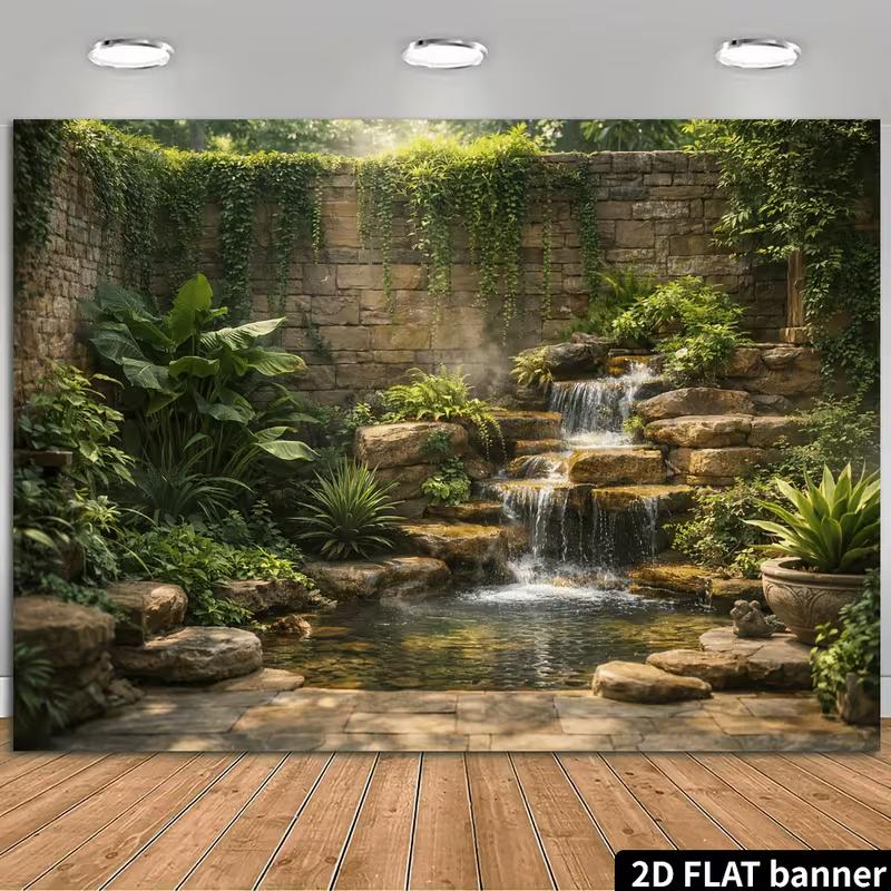 2D Rustic Stone Wall Cascading Stream Fern Plant Photo Background 47.2x31.5inch/120*80cm