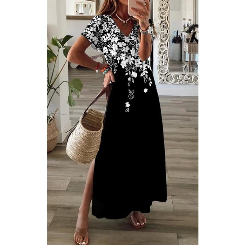 

Женское платье с V-образным вырезом и разрезом подола с цифровым цветочным принтом 5XL