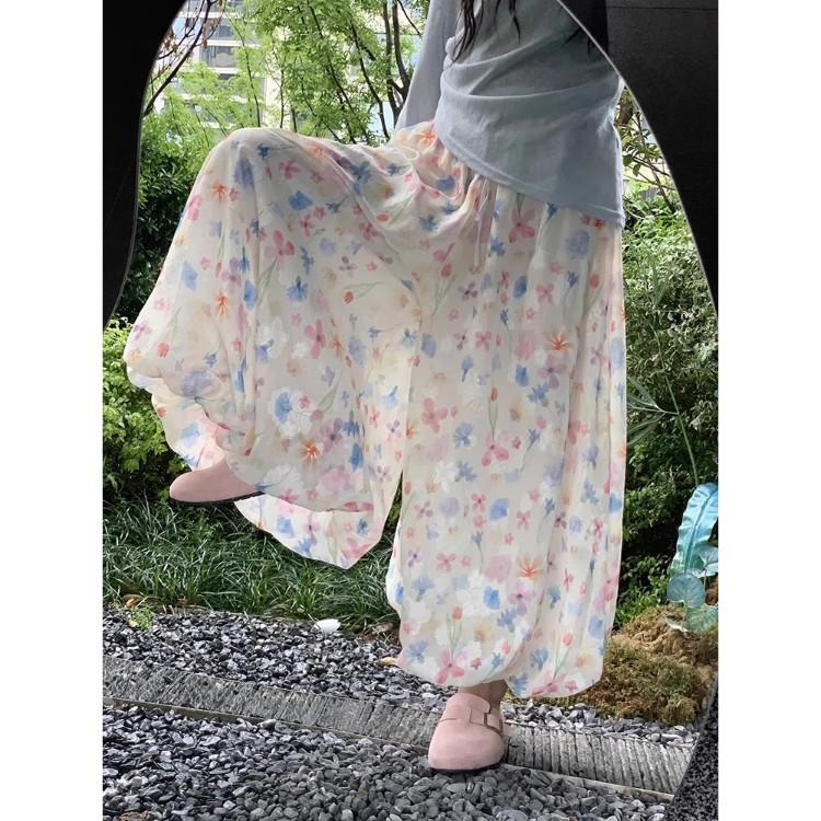 Summer New Design Floral Fairy Cool Pants High Waist Loose Casual Pants