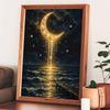 Unique 5D Framed Pearl Painting Kit with Golden Crescent Moon Night Sea Pattern Sparkling Bead Art Canvas DIY Handmade Craft for Living Room Decor