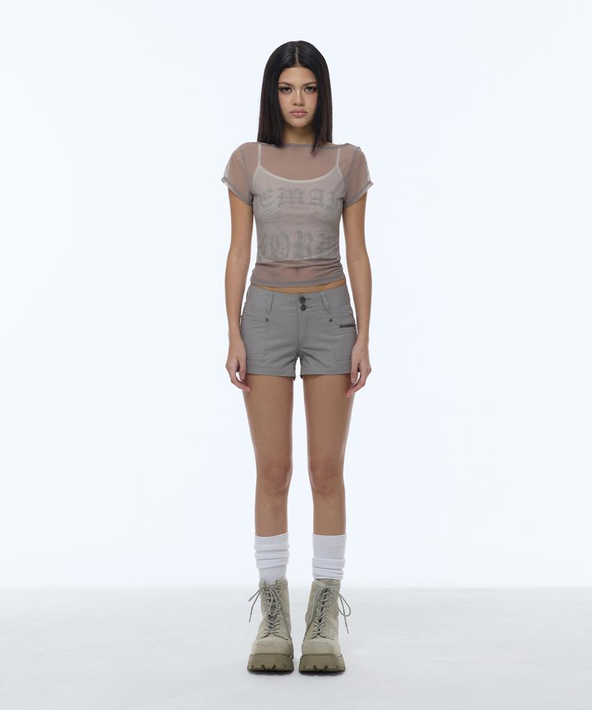 Gillaakaibeu Lettering Logo Backless Sheer Crop Top_Grey