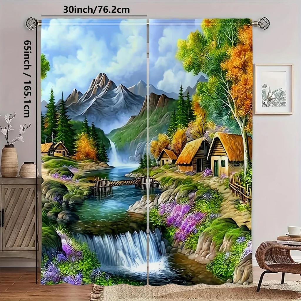 Contemporary Art Landscape Printed Curtains, Pole Bag Bedroom and Living Room, Home Decoration, Room Decoration