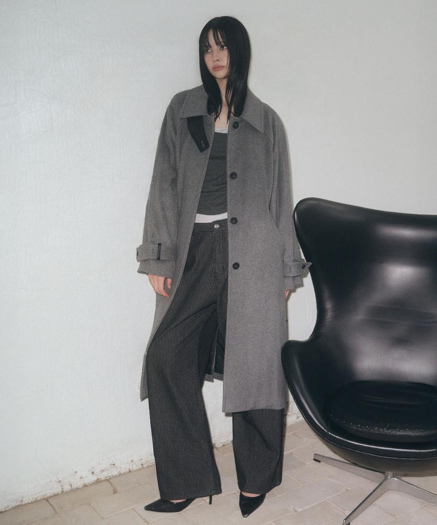 Leathery Cashmere Balmacaan Robe Coat [Grey]