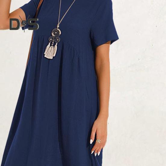 Women Dress Round Neck Short Sleeve Knee-Length Solid Color Dress with Pockets Loose Fit Summer Dress