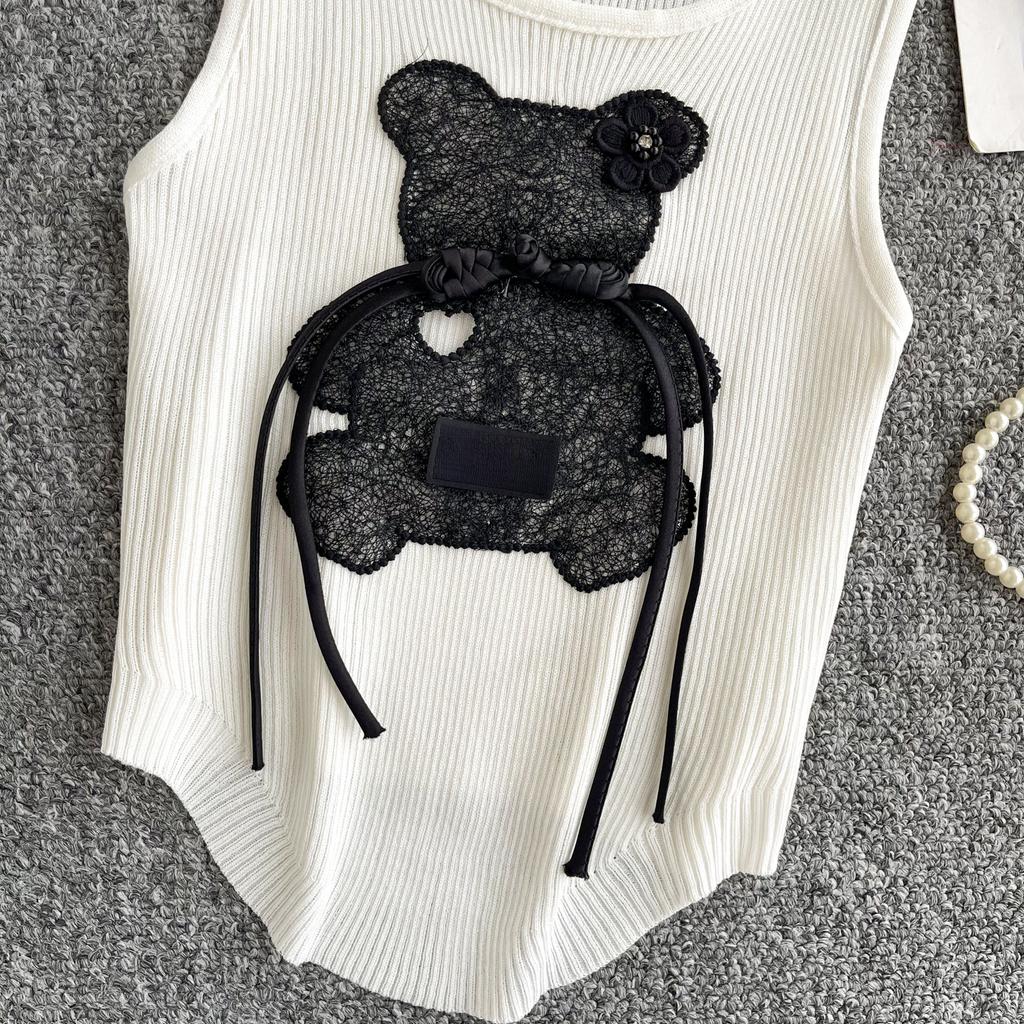 Summer Women Chic Sleeveless Cartoon Knitted Sweater Short Pullover Vest for College Girl