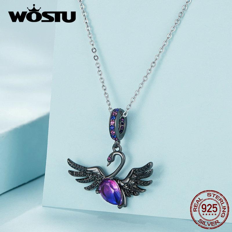 WOSTU 925 argint sterling 925 lebădă neagră agățat mărgele de mărgele placate cu aur negru pandantiv Breloc pentru femei brățară și colier bijuterii DIY