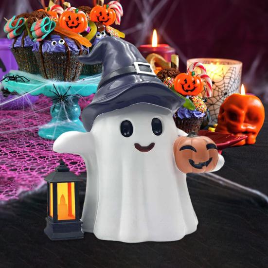 Solar Cute Ghost Statue Halloween Desktop Ornament Weather-Resistant Handmade Resin Pumpkin Ghost Figure with Light