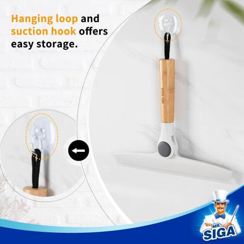 MR.SIGA Rotating Silicone Squeegee with Suction Cup Hook, Bamboo Handle, for Bathrooms, Mirrors, and Windows, Approx. W25 X H20.5cm