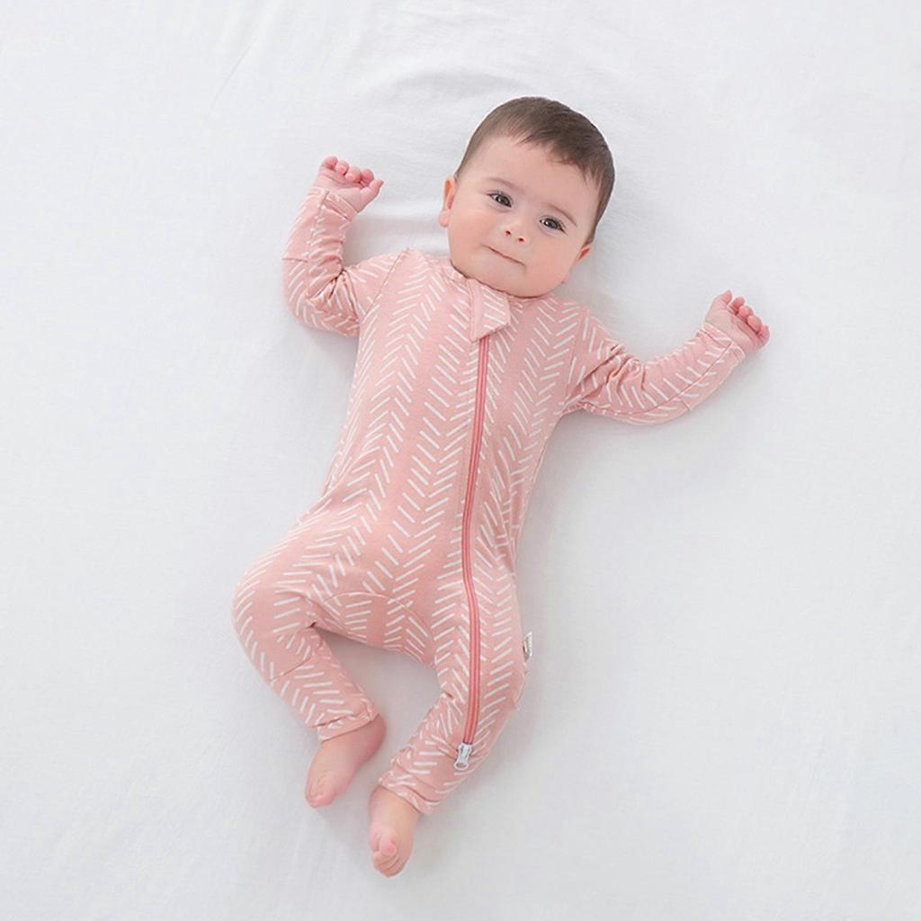 Stripe Pattern Baby One-Pieces Jumpsuit for Infant Comfortable Zippered Pajama Breathable Bodysuit Long Sleeves Romper  Pink 