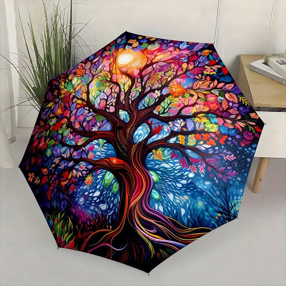 Automatic Folding Umbrella Colorful tree with swirling branches and leaves. Portable collapsible design, casual outdoor access