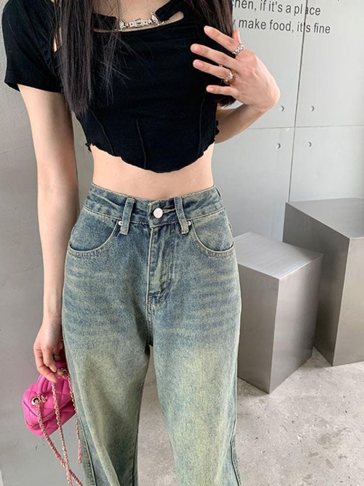 2000s Vintage Lengthen Straight Jeans Women Chic Korean High Waist Washed Denim Pants Female Elegant Streetwear Loose Wide Leg Trousers